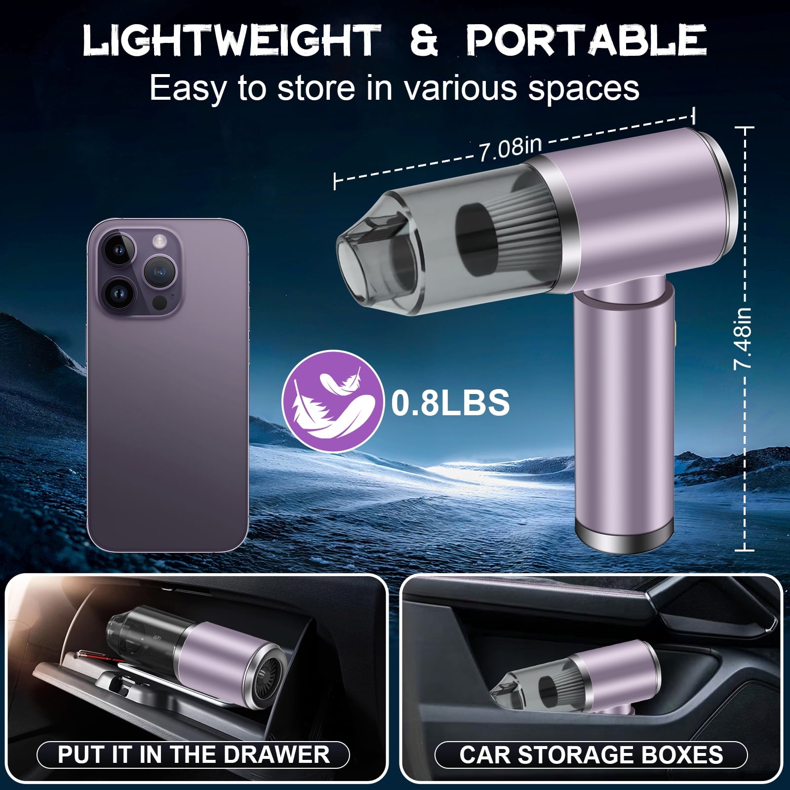 Cordless Handheld Vacuum Cleaner, 12000PA Powerful Sutions Car Vacuum, 2 Adjustable Speeds Lightweight Mini Vacuum for Car, Keyboard, Purple